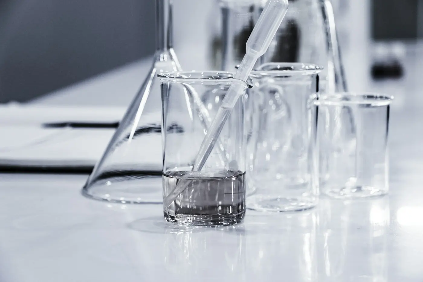 Chemistry glassware in a laboratory for PCMB and PCMC students