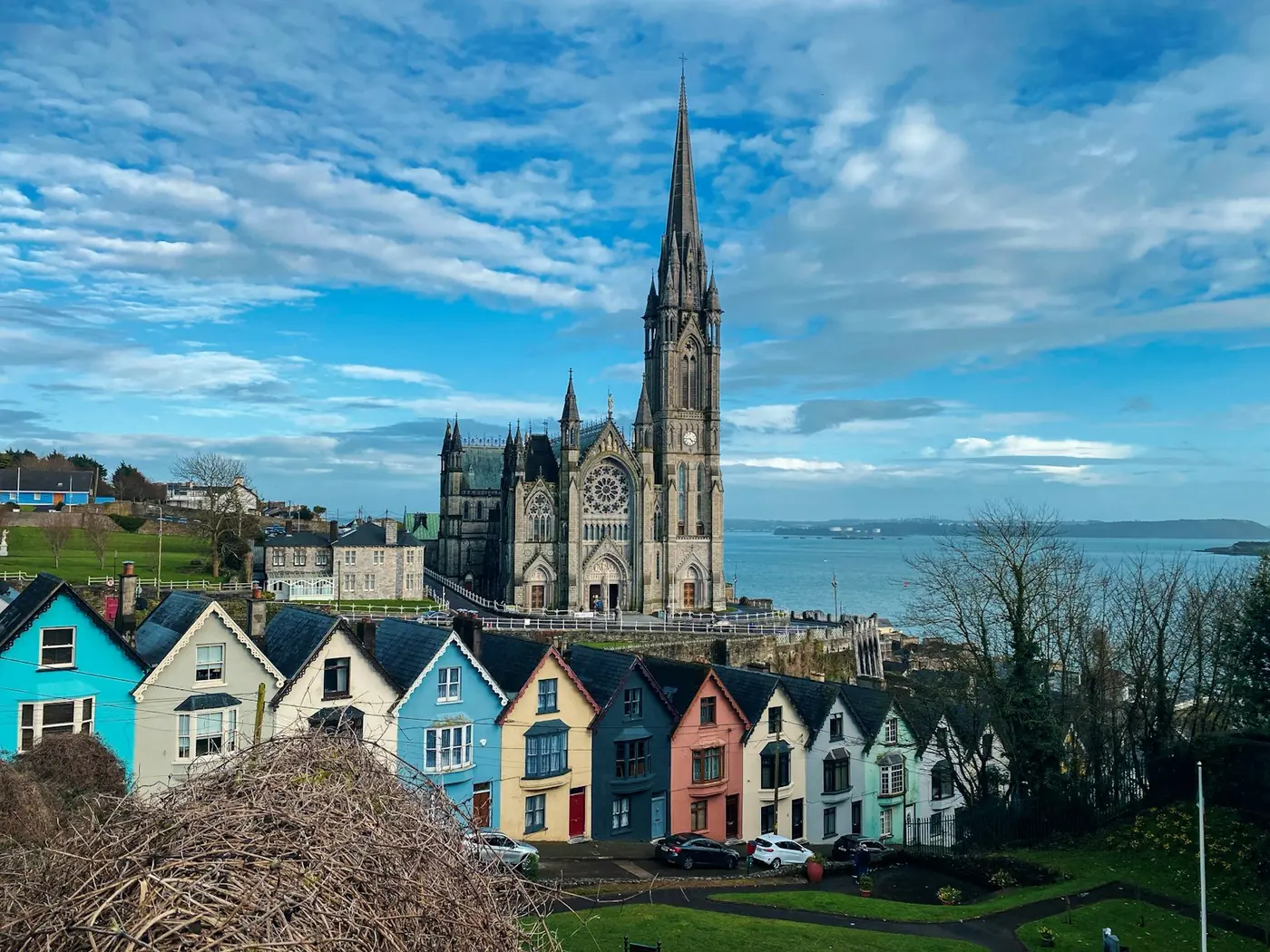 Colourful houses and cathedral in Cobh, Ireland